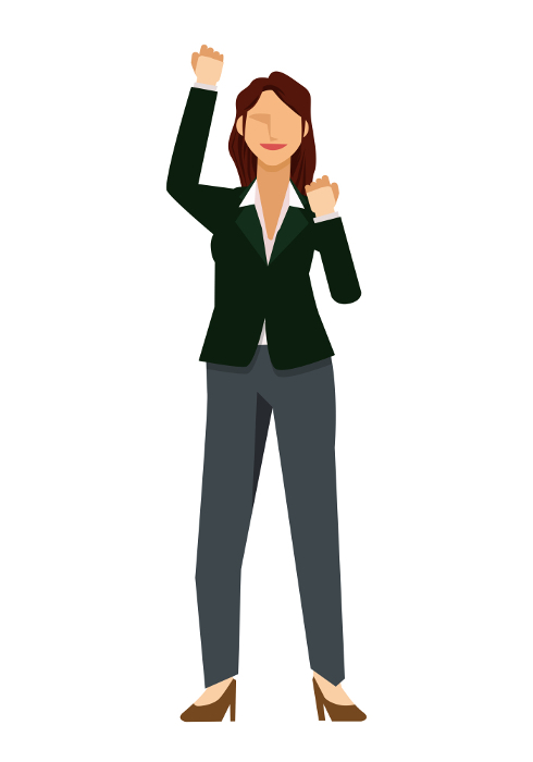 Clip art of Asian female businessperson with gut-punch, 8th size, white background, business image.