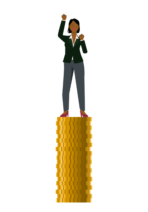 Illustration of a black female businessperson riding on a gold coin, 8th magnitude, gut pose.
