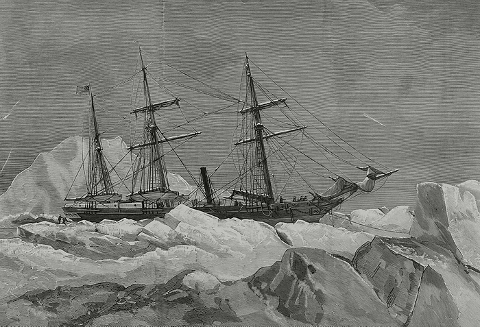 Polar expedition to the Arctic by George Washington De Long  1844 1881 . The ship  Jeannette  was crushed by ice near the Wranel Island. Engraving by Rico, 1882. Arctic explorations. Polar expedition to the Arctic by George Washington De Long  1844 1881 . The ship  Jeannette  was crushed by ice near the Wranel Island. The  Jeanette  abandoned in the ice, northeast of the New Siberian Islands, on June 12, 1881. Engraving by Rico. La Ilustraci  n Espa  ola y Americana, 1882.