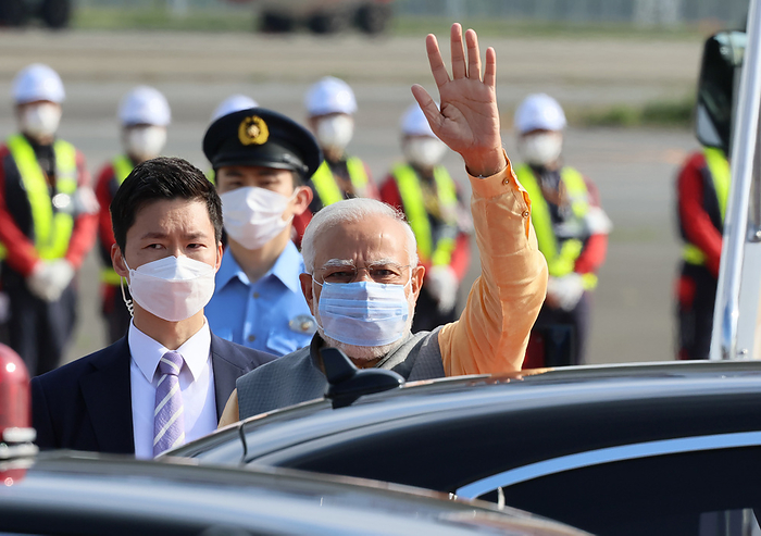 Indian Prime Minister Marendra Modi arrives at the Tokyo International Airport May 23, 2022, Tokyo, Japan   Indian Prime Minister Narendra Modi arrives at the Tokyo International Airport in Tokyo on Monday, May 23, 2022. Modi will attend the QUAD summit meeting with leaders of United States, Australia and Japan on May 24.    Photo by Yoshio Tsunoda AFLO  