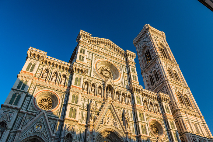 Facade of the Duomo and Giotto's Bell Tower in Florence, Italy