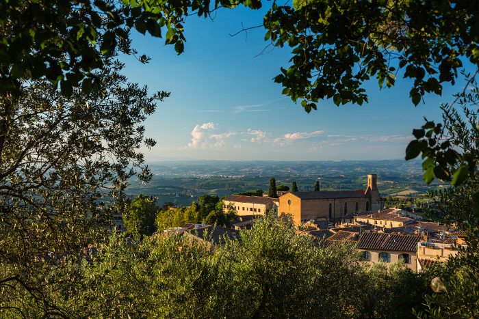 Church of Sant'Agostino seen from Rocca Park in San Gimignano, Italy