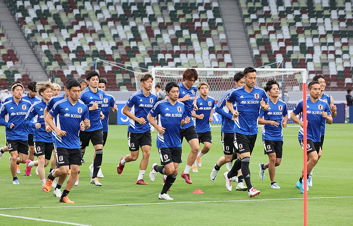 2022 Kirin Challenge Cup Japan Preparation June 5, 2022, Tokyo, Japan   Japanese national football team members jog for a warm up at the official practice for a friendly match against Brazil at Japan s national stadium in Tokyo on Sunday, June 5, 2022. Japan will have an international friendly match against Brazil on June 6.     Photo by Yoshio Tsunoda AFLO  