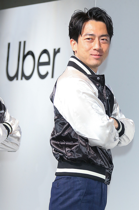 Uber Taxi  Service Launched in Yokosuka, Japan Shinjiro Koizumi speaks at press conference. UberTaxi launched operations in Yokosuka City, Kanagawa Prefecture, enabling dispatch of vehicles to the naval base and other locations throughout the city. Shinjiro Koizumi, a member of the House of Representatives, attended the launch press conference wearing a  Souvenir Jacket  as a guest.  Photo by Pasya AFLO 
