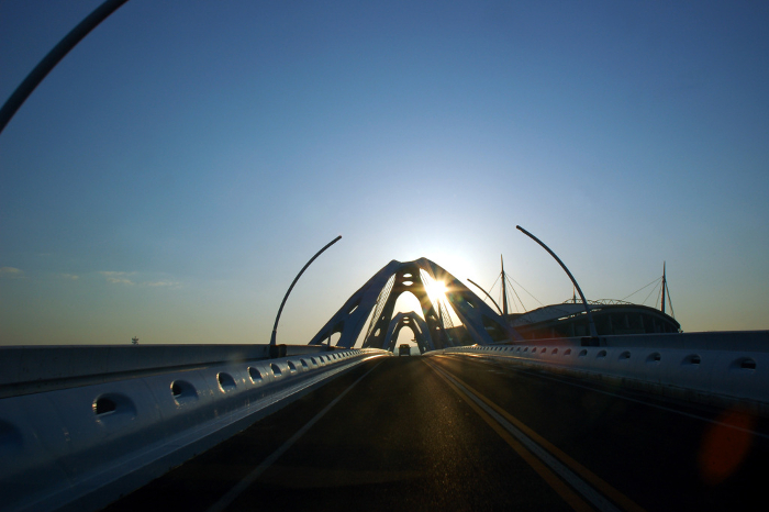 The novel design of the Toyota Ohashi Bridge and Toyota Stadium shining in the morning sun