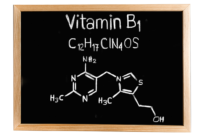 Chemical composition of vitamin B1, conceptual image Conceptual diagram of vitamin B1 drawn on a blackboard., by DIGICOMPHOTO SCIENCE PHOTO LIBRARY