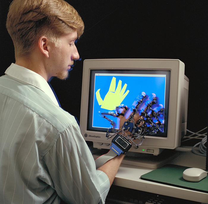 1992   Virtual Environment Telepresence workstation, simulated Mars Exploration shows William Briggs with EXOS Dexterous interface  virtual hand  Virtual Environment Telepresence workstation, simulated Mars Exploration shows William Briggs with EXOS Dexterous interface  virtual hand 