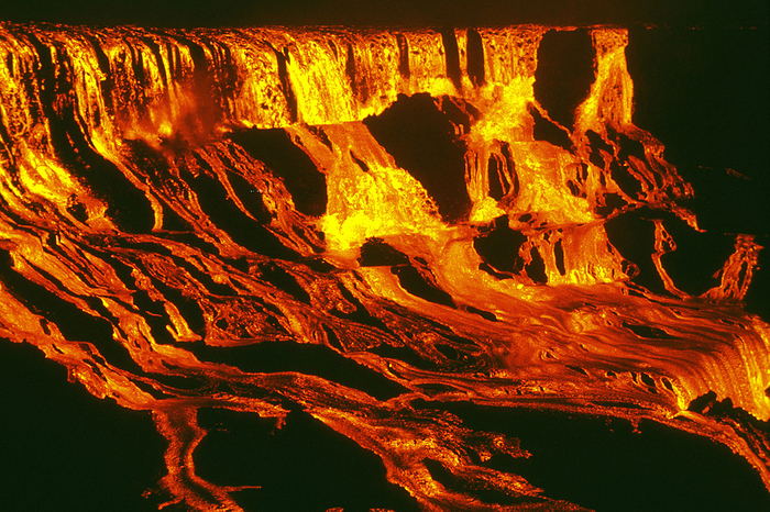 1969   Lava falls pour into  Alae Crater at 11 p.m., HST, on August 5, 1969, supplied by a high lava fountain at Mauna Ulu, 600 m  2,000 feet  away. The falls, more than 100 m  330 ft  high and 300 m  1,000 ft  wide, had nearly filled the crater by the ti 1969   Lava falls pour into  Alae Crater at 11 p.m., HST, on August 5, 1969, supplied by a high lava fountain at Mauna Ulu, 600 m  2,000 feet  away. The falls, more than 100 m  330 ft  high and 300 m  1,000 ft  wide, had nearly filled the crater by the time the fountains stopped at 5:45 a.m., August 6.  