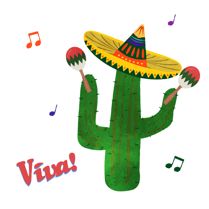 Viva! Cactus wearing a cute Mexican hat and holding maracas