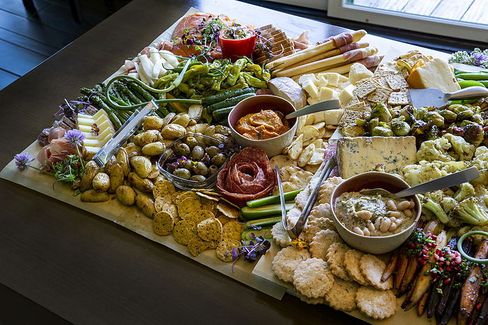 food and drink, grazing board, meat, fruit, vegetables,  Grazing Board with various Charcuterie, Fruits, Vegetables and Cheese