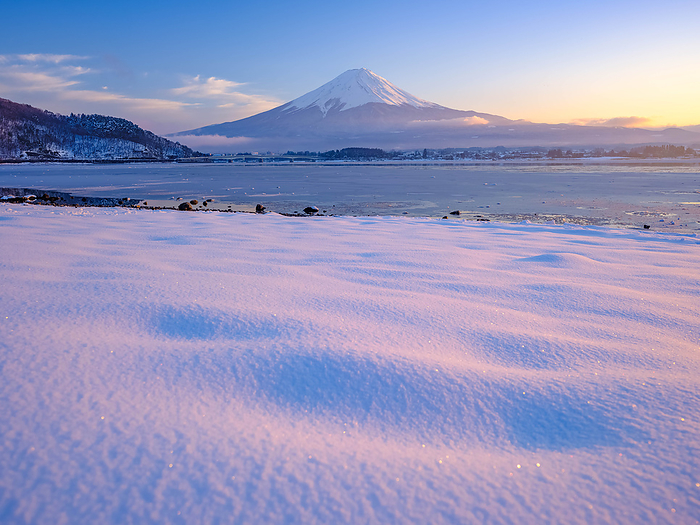 Yamanashi Prefecture, Lake Kawaguchiko lakeside snow scene and Mt.
