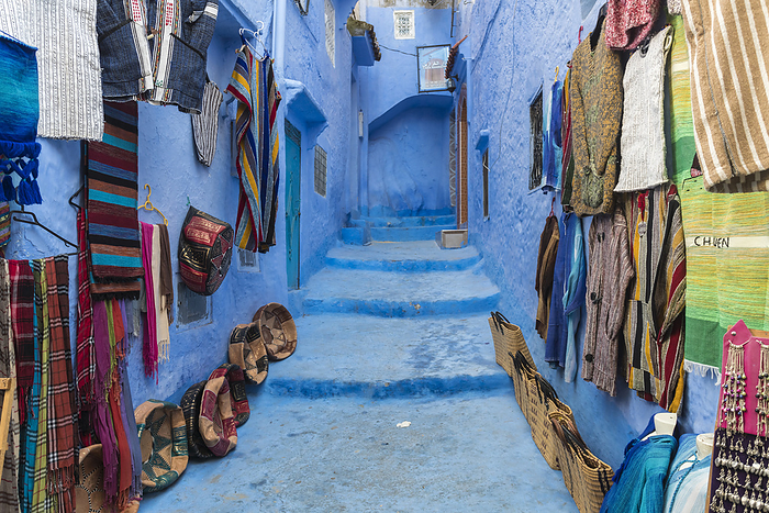 Morocco, Chefchaouen, Souvenirs for sale at traditional blue buildings Morocco, Chefchaouen, Souvenirs for sale at traditional blue buildings