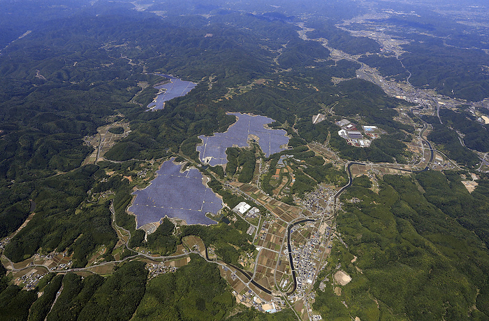 Sakuto Mega Solar, one of the largest solar power generation facilities in Japan Sakuto Mega Solar, one of the largest solar power generation facilities in Japan, Head Office in Mimasaka City, Okayama Prefecture, June 12, 2022. Photo by Hiroki Takigawa from a helicopter