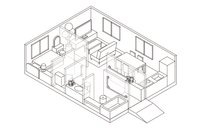 isometric barrier-free house illustration (line drawing)
