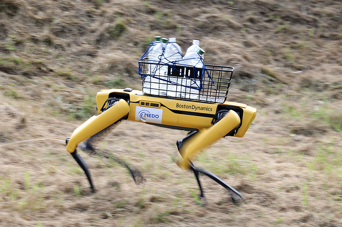 Forestry and Forest Products Research Institute and Softbank started a field test using robots to work for forestry June 28, 2022, Tsukuba, Japan   Boston Dynamics  4 legs robot Spot carries water bottles for a demonstration to run autonomously at an artificial steep place at the Forestry and Forest Products Research Institute  FFPRI  in Tsukuba, suburban in Tokyo on Tuesday, June 28, 2022. FFPRI and Softbank started a field test using 4 legs robots to work for forestry from this month.       Photo by Yoshio Tsunoda AFLO 