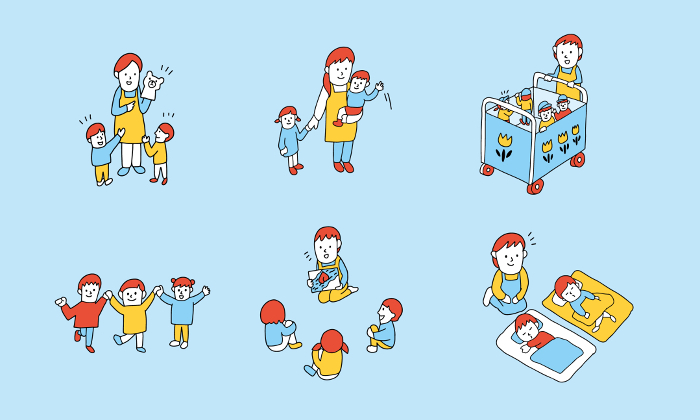 Illustration of a day at nursery school and various scenes