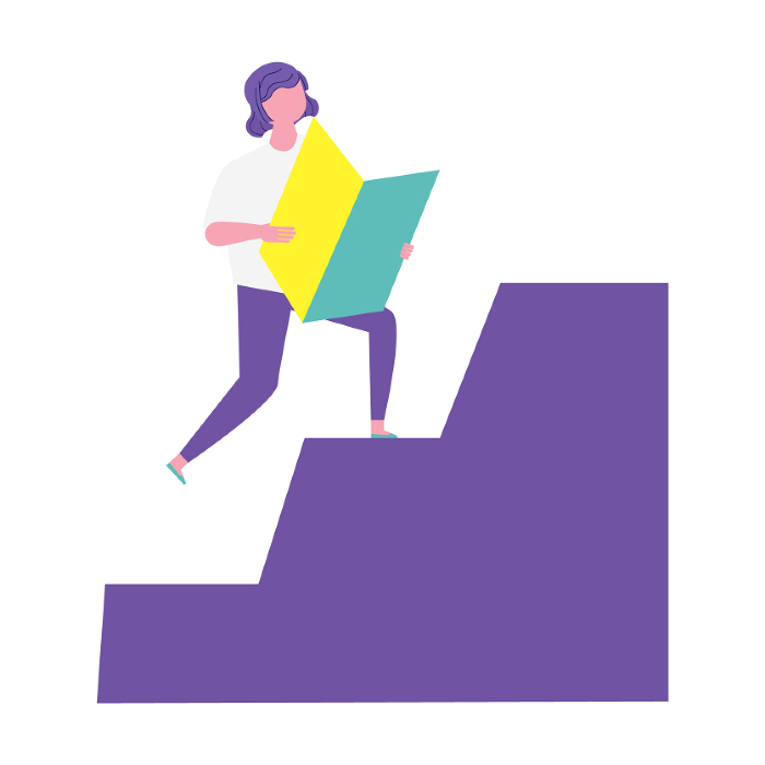 Clip art of woman climbing stairs with beginner's mark