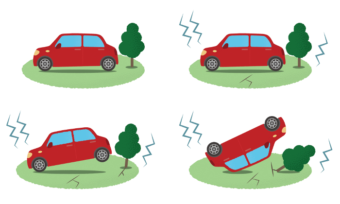 Vector illustration set of red car damaged by earthquake