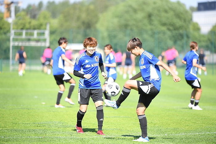 Nadeshiko Japan Practice Japan s Asato Miyagawa  L  and Riko Ueki during a training session in Turku, Finland, June 26, 2022.  Photo by JFA AFLO 