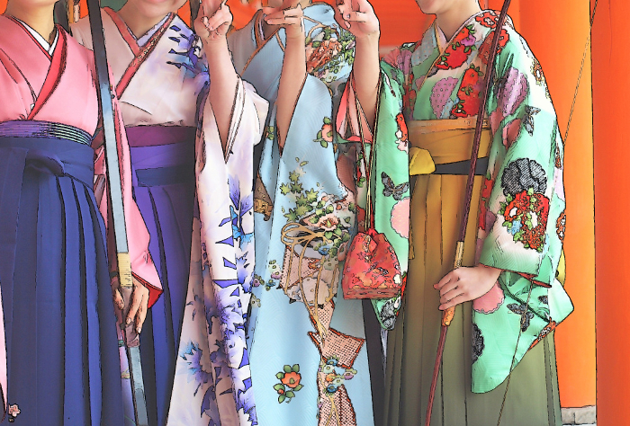 Women in Kyoto in hakama and kimono, women doing Kyudo at Sanjusangendo