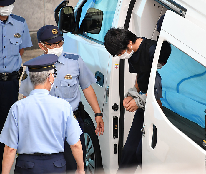 Former Prime Minister Abe shot and killed  Yamagami suspect sent to prison July 10, 2022 Suspect Tetsuya Yamagami returns to Nara West Police Station after being sent to prison.