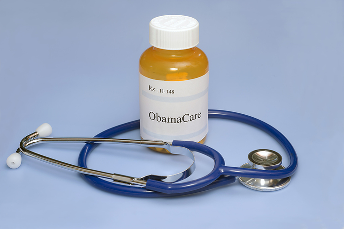 Obamacare stethoscope, conceptual image ObamaCare prescription bottle with stethoscope., by SHERRY YATES YOUNG SCIENCE PHOTO LIBRARY