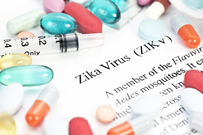 Zika virus, conceptual image Zika virus conceptual image with syringes and medication., by SHERRY YATES YOUNG SCIENCE PHOTO LIBRARY