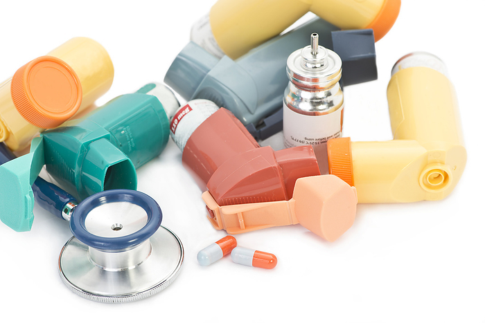 Asthma treatment Asthma inhalers and asthma medication., by SHERRY YATES YOUNG SCIENCE PHOTO LIBRARY