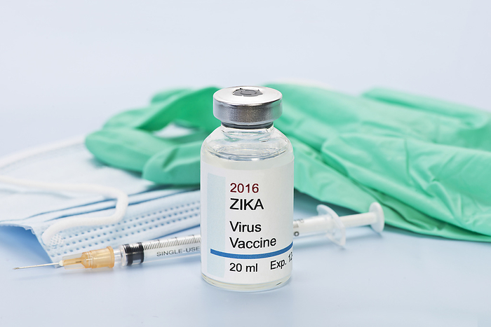 Zika virus vaccine Conceptual Zika virus vaccine with mask and gloves., by SHERRY YATES YOUNG SCIENCE PHOTO LIBRARY