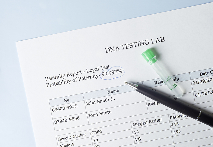 Paternity test Paternity test results with pen and lab sample., by SHERRY YATES YOUNG SCIENCE PHOTO LIBRARY