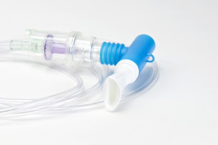 Breathing treatment nebulizer Breathing treatment nebulizer mouthpiece with tubing and medication cup., by SHERRY YATES YOUNG SCIENCE PHOTO LIBRARY