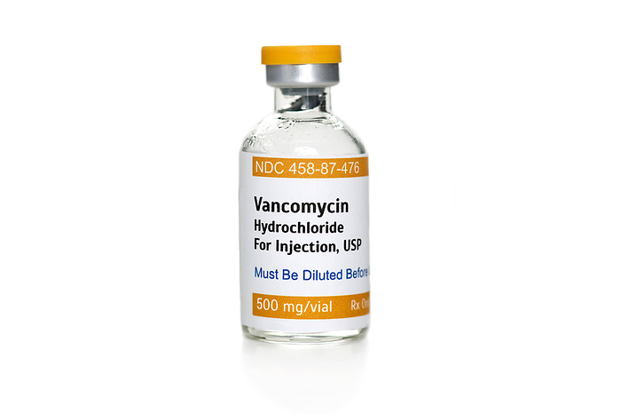 Vancomycin hydrochloride antibiotic vial Vancomycin hydrochloride  HCL  antibiotic injection vial., by SHERRY YATES YOUNG SCIENCE PHOTO LIBRARY