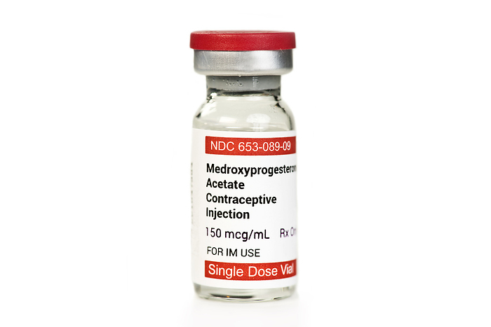 Medroxyprogesterone acetate contraceptive injection Medroxyprogesterone acetate contraceptive injection vial., by SHERRY YATES YOUNG SCIENCE PHOTO LIBRARY