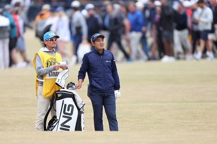 The 150th British Open Championship Japan s Takumi Kanaya with his caddie on the 17th hole during the first round of the 150th British Open Championship at St Andrews Old Course in Fife, Scotland on July 14, 2022.  Photo by Koji Aoki AFLO SPORT 