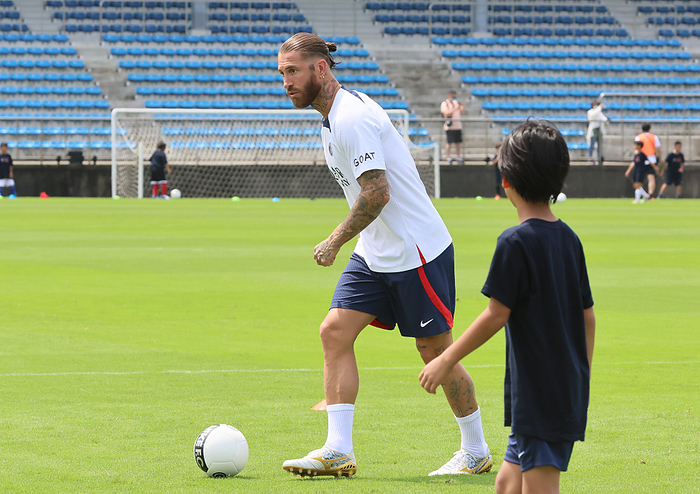 Paris Saint Germain players have a football clinic for children July 18, 2022, Tokyo, Japan   French football club team Paris Saint Germain defender Sergio Ramos plays with children as he gives a football clinic for children at the Prince Chichibu Rugby Field in Tokyo on Monday, July 18, 2022. Paris Saint Germain will have games with Japanese club teams Kawasaki Frontale, Urawa Reds and Gamba Osaka for their Japan tour.      Photo by Yoshio Tsunoda AFLO 
