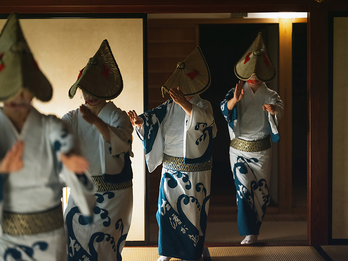 Japan, Sado Night Gozen Odori Dancers dance inside former Sado Magistrate Office during a  Sado World Heritage Cultural Heritage Registration Prayer   Night Gozen Odori  a small version of a kind of awa odori performance. The Sado complex of heritage mines, primarily gold mines was submitted by Japan to become Unesco World Heritage. July 07, 2022  Photo by Nicolas Datiche AFLO   JAPAN 