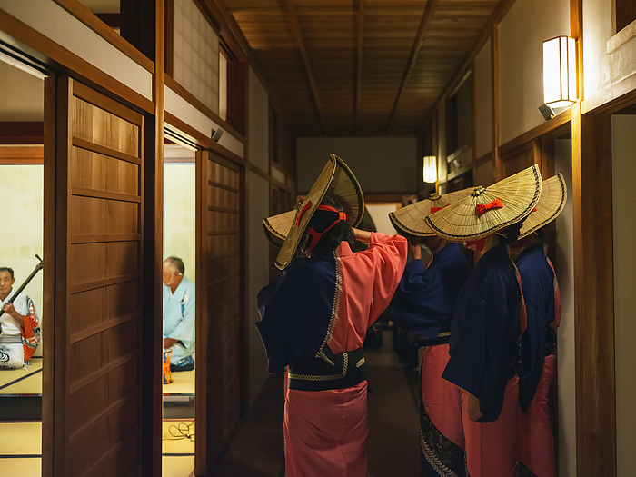 Japan, Sado Night Gozen Odori Dancers prepare to dance inside former Sado Magistrate Office during a  Sado World Heritage Cultural Heritage Registration Prayer   Night Gozen Odori  a small version of a kind of awa odori performance. The Sado complex of heritage mines, primarily gold mines was submitted by Japan to become Unesco World Heritage. July 07, 2022  Photo by Nicolas Datiche AFLO   JAPAN 