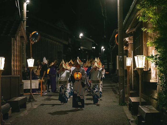 Japan, Sado Night Gozen Odori Dancers dance in a old street during a  Sado World Heritage Cultural Heritage Registration Prayer   Night Gozen Odori  a small version of a kind of awa odori performance. The Sado complex of heritage mines, primarily gold mines was submitted by Japan to become Unesco World Heritage. July 07, 2022  Photo by Nicolas Datiche AFLO   JAPAN 