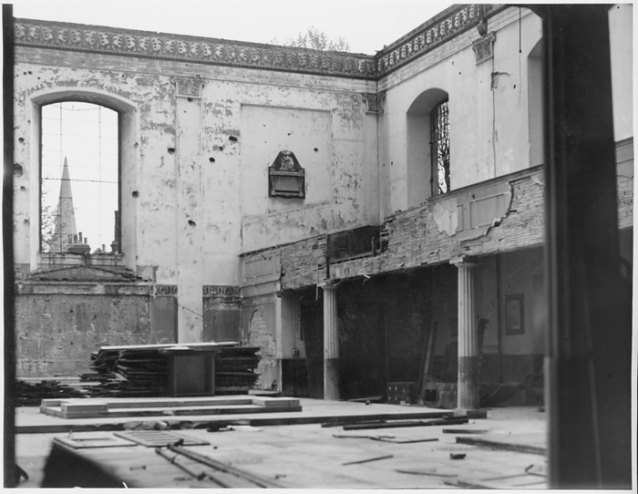 St John s Church, Waterloo Road, Lambeth, London, 1941. Creator: Herbert Felton. St John s Church, Waterloo Road, Lambeth, Greater London Authority, 07 06 1941. Interior view of the bomb damaged remains of St John s Church, showing the east end. St John s Church was originally built in 1823 4 to designs by the architect Francis Bedford. It was one of four churches built in Lambeth in the Greek Revival style. The church was damaged by bombs during the Second World War. It was later restored and designated as the Festival of Britain church in 1951. The negative of this image was destroyed in 1968.