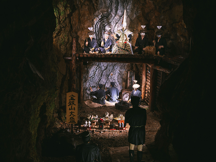 Japan, Sado gold mine submitted to Unesco Animatronics inside the Sohdayu mine on Sado island show the life  here a shinto ceremony  during the gold mine exploitation, on July 13, 2022. Under a split top mountain on the Japanese island of Sado lies a network of centuries old mines that have sparked a new diplomatic row with South Korea as Japan used Koreans forced labour inside the mine. The Sado complex of heritage mines, primarily gold mines was submitted by Japan to become Unesco World Heritage. July 13, 2022  Photo by Nicolas Datiche AFLO   JAPAN 