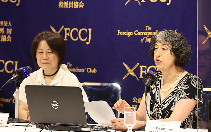 Organizers of the Jingu Gaien protect groups hold a press conference to ptotect from redevelopment August 1, 2022, Tokyo, Japan   Rochelle Kopp  R , Japan Intercultural Consulting president  and Kenchiku  architecture  Journal editor in chief Naoko Nishikawa  L , both organizers of the Jingu Gaien protect groups hold a press conference at the Foreign Correspondents  Club of Japan in Tokyo on Monday, August 1, 2022. Tokyo Metropolitan Government has plan to redevelopment of the Jingu Gaien sports facilities and green area. Kopp and Nishikawa urged the development plan which would chop down many trees in the area.        Photo by Yoshio Tsunoda AFLO 