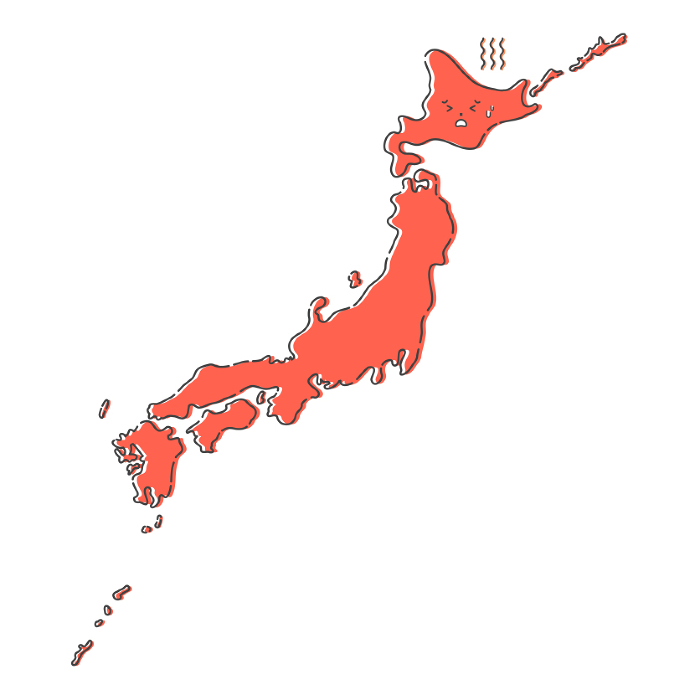 Hand drawn map of Japan with hot face - red simple Japanese islands - loose fill and soft black lines