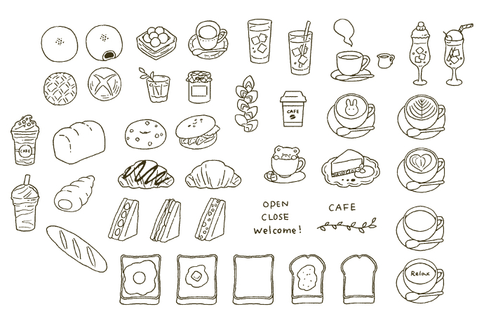 Simple touch Various breads and cafe motifs illustration set