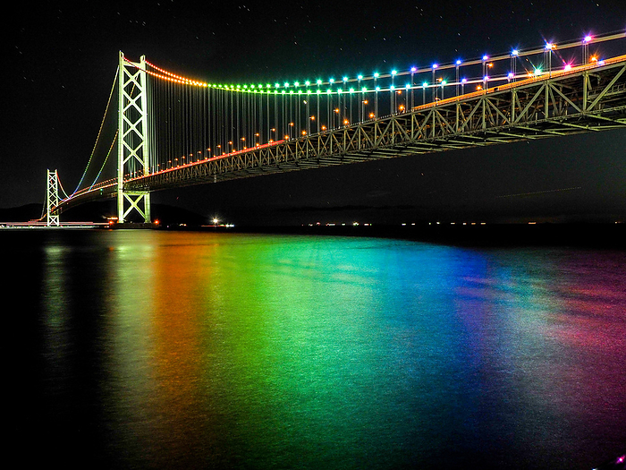Night view of Akashi Kaikyo Bridge Rainbow colored Akashi Kaikyo Bridge