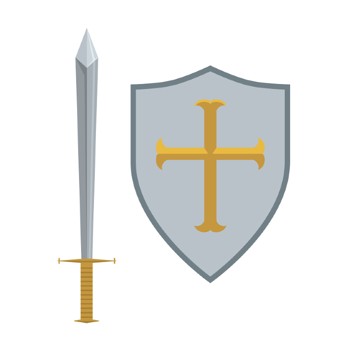 Illustration of a shield and sword with crosses from the Middle Ages, knight, war, weapons, retro Security Image