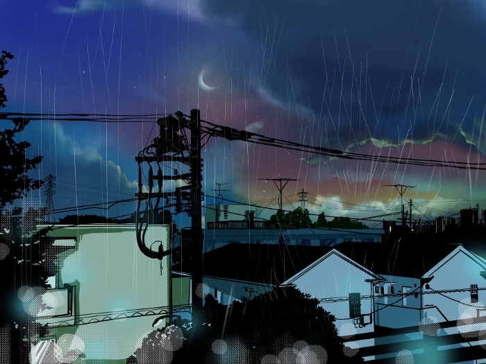 Illustration of a landscape painting of a Japanese residential area with rain falling hard in the evening