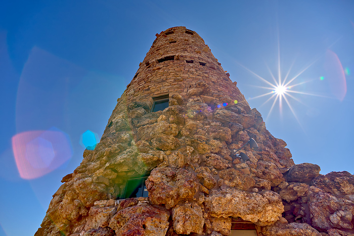 Closeup of the historic Watch Tower at Desert View Point on Grand Canyon South Rim. This is a historic landmark open to the public, managed by the National Park Service. No property release is needed.