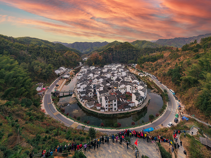 Aerial in rural China with coloful sunset,china,Jiangxi