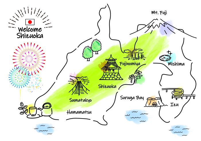 Hand-drawn simple line drawing illustration map of tourist attractions in Shizuoka