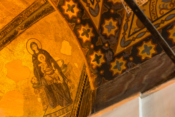 Mosaic of the Virgin and Child and Archangel on the apse in the Hagia Sophia, Istanbul, Turkey.